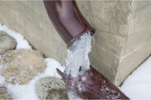 frozen water in the rainwater drain pipe 