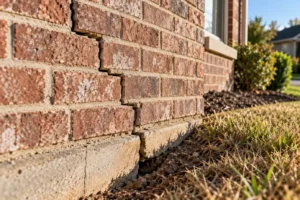A stair-step crack in brick veneer above a foundation where soil has pulled away from the slab.