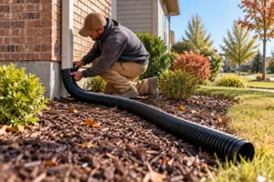 A worker installs a downspout extension to direct rainwater away from a home's foundation.