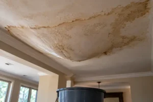 A ceiling panel bulging and sagging from trapped water with a bucket placed below it.