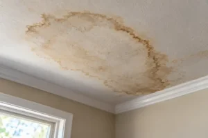 A ceiling water stain with a dark ringed edge spreading across white drywall.