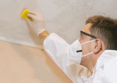 man inspecting ceiling with mold