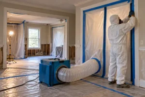 A worker sets up plastic containment and a negative air machine before mold removal begins.