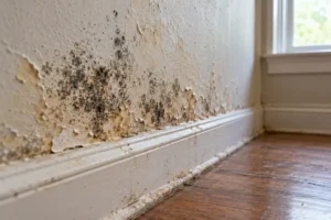 Black mold growth and water staining visible on a bubbling painted wall.