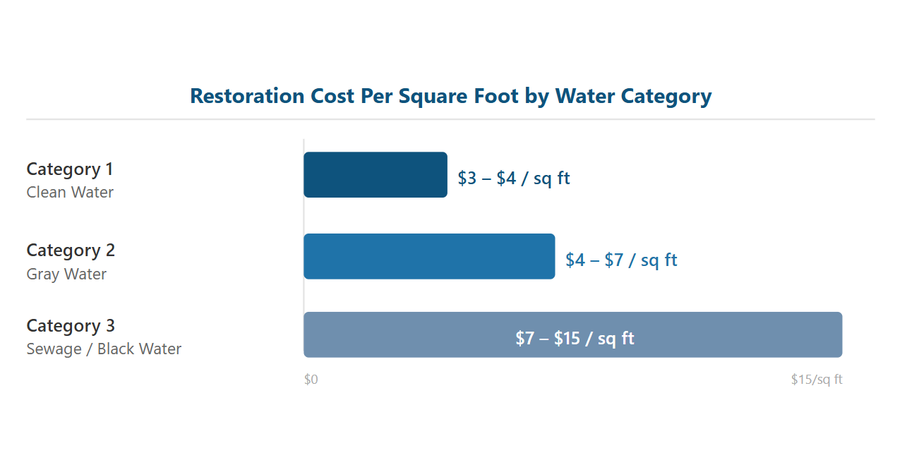 Bar chart showing water damage restoration costs per square foot by category: Category 1 clean water at $3–$4, Category 2 gray water at $4–$7, and Category 3 sewage or black water at $7–$15.