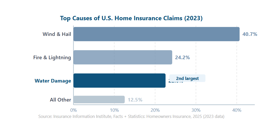 Bar chart showing top causes of U.S. home insurance claims in 2023, with wind and hail at 40.7%, fire and lightning at 24.2%, water damage highlighted at 22.6%, and all other claims at 12.5%.