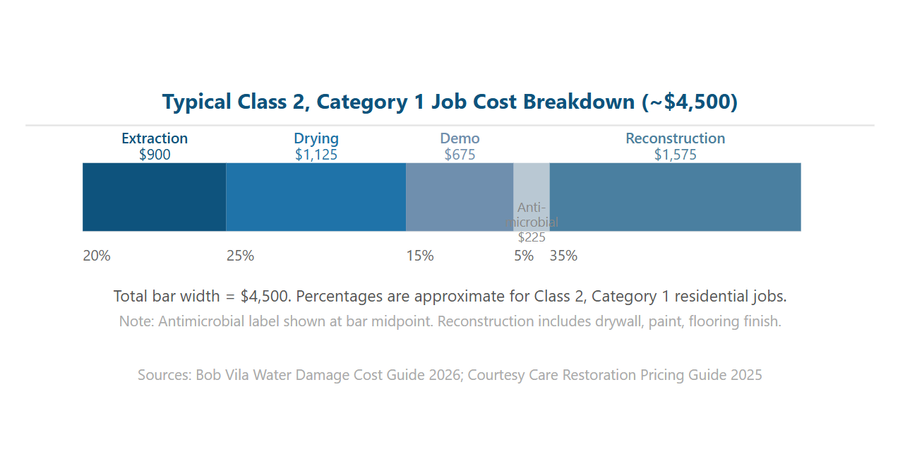 Stacked bar chart showing a typical Class 2, Category 1 water damage restoration job cost breakdown of about $4,500, including extraction, drying, demolition, antimicrobial treatment, and reconstruction.