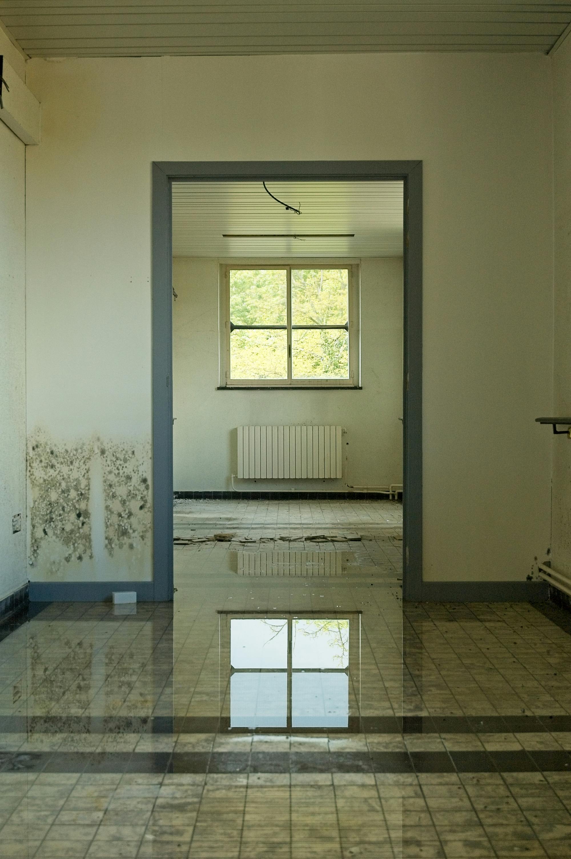 Flooded interior room with standing water on tile floors and visible mold growth on lower walls, requiring professional water damage cleanup and restoration.