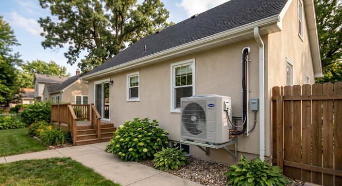 A gray ductless air conditioning condenser unit mounted on a metal wall bracket on the stucco exterior of a two-story beige house.