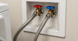Close-up of braided stainless-steel washing machine supply hoses securely connected to red hot-water and blue cold-water shutoff valves inside a recessed laundry box.
