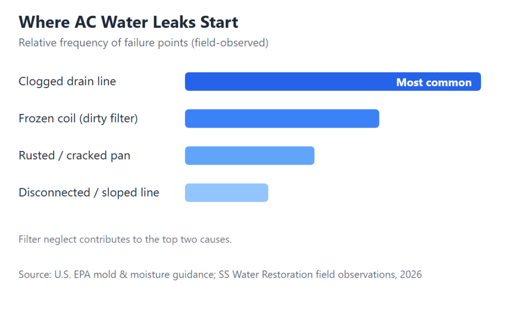 Chart: Where AC water leaks start (Source: U.S. EPA; SS Water Restoration field data, 2026)