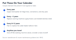 Chart: Appliance water maintenance intervals (Source: manufacturer & insurer guidance)