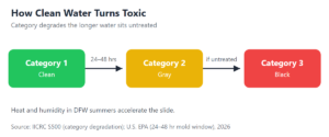 Chart: How clean water turns toxic over time (Source: IICRC S500 & U.S. EPA, 2026)