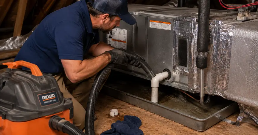 HVAC technician using a wet/dry vacuum to clear a clogged PVC condensate drain line on an attic air handler, helping prevent water leaks and ceiling damage.