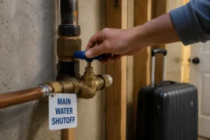 Homeowner’s hand closing the main water shutoff valve before leaving for a trip