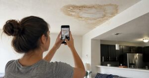 Tenant in a Texas apartment using a smartphone to photograph a large water stain on the ceiling, documenting water damage for the landlord.