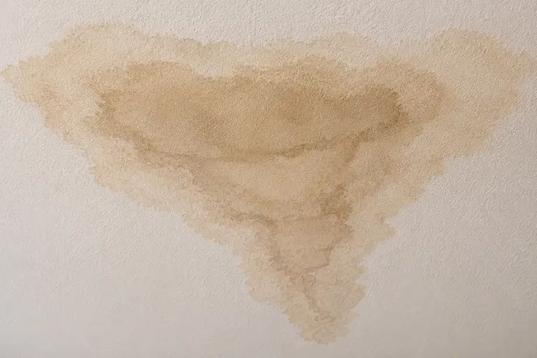 Large brown water stain spreading across a textured white ceiling, showing moisture damage from an attic HVAC condensate leak.