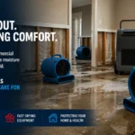 Unbranded air movers and a commercial dehumidifier drying a water-damaged room in a North Texas home.