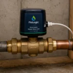 Automatic water shut-off valve installed on a home’s main water line with brass fittings and connected plumbing in a residential utility area.