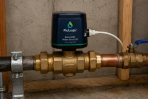 Automatic water shut-off valve installed on a home’s main water line with brass fittings and connected plumbing in a residential utility area.