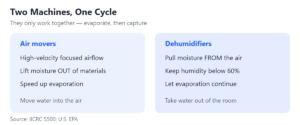 Chart: Air movers vs. dehumidifiers (Source: IICRC S500; U.S. EPA)