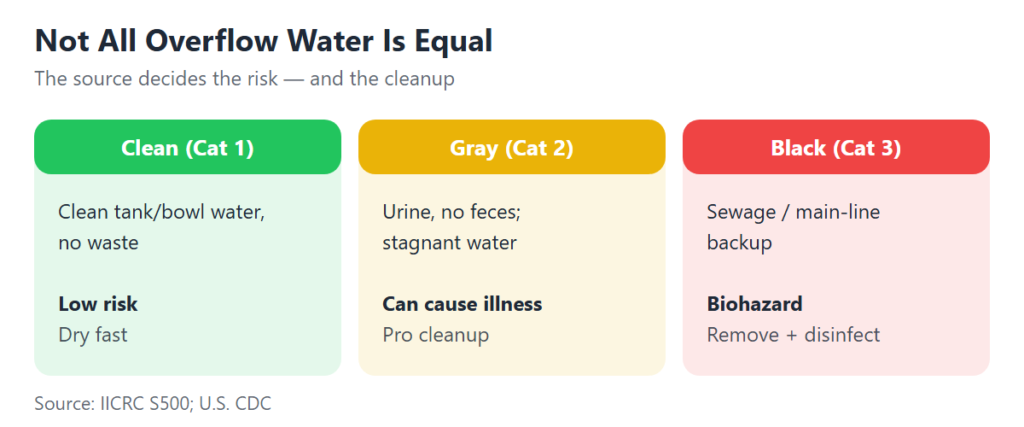 Chart: Overflow source and water risk — clean, gray, black (Source: IICRC S500; CDC)