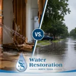 Split scene showing a burst indoor pipe and a flooded North Texas street, comparing water damage insurance coverage.