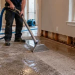 A restoration technician uses an extractor to remove standing water from a flooded home's carpeted floor.