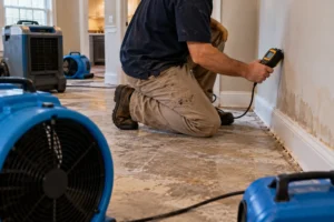 A technician checks a moisture meter reading against a wall while drying equipment runs in the background.