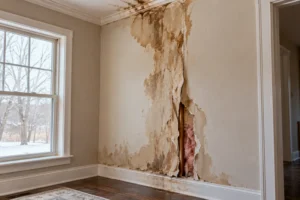 Water-stained drywall sagging near a baseboard shows where a frozen pipe leaked inside a wall cavity.