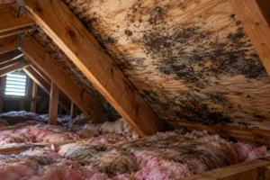 Dark mold staining on attic roof decking above damp, matted insulation.