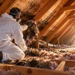 A technician in protective gear removes moldy insulation in a residential attic, exposing stained roof decking.