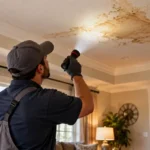 A restoration technician examines a brown water stain spreading across a home's ceiling from a roof leak.