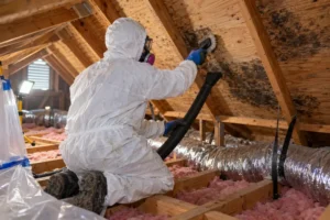 A technician cleans a section of mold-stained roof decking during remediation work in an attic