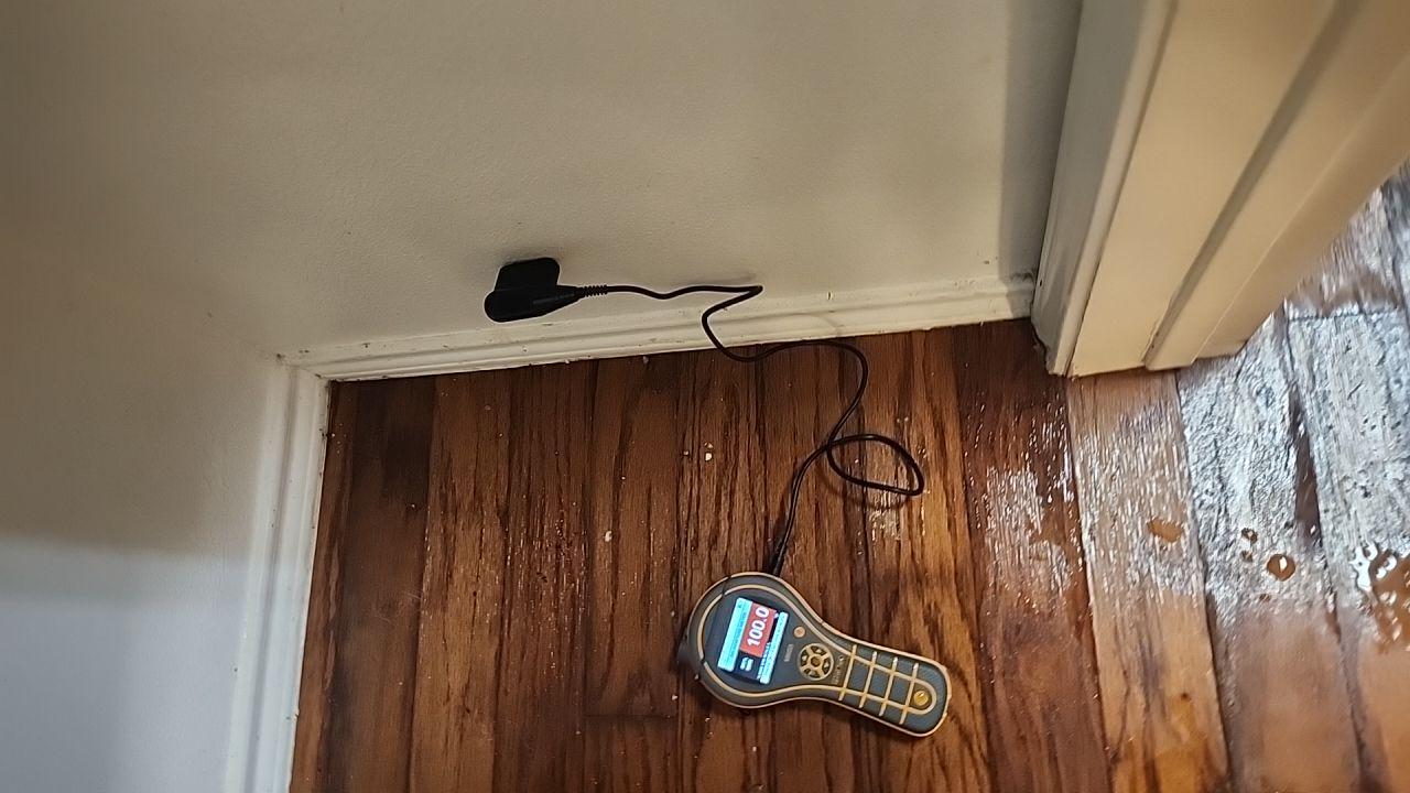 Moisture meter checking hardwood flooring after water damage