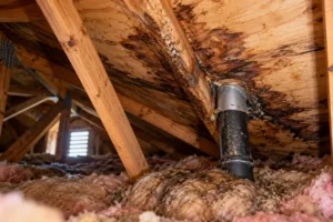 Dark water stains run along attic rafters and soak the insulation below a roof leak.